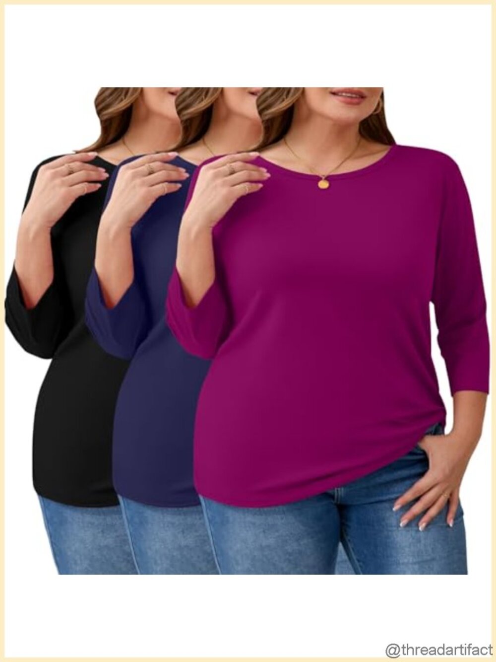 Plus Size 3/4 Sleeve Crew Neck T-Shirts 3 Pack Loose Fit Casual Tees